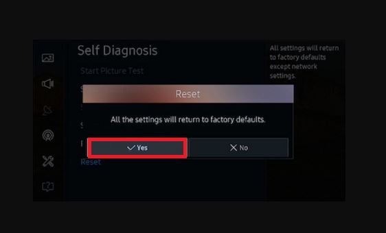 Choose yes option to confirm Reset