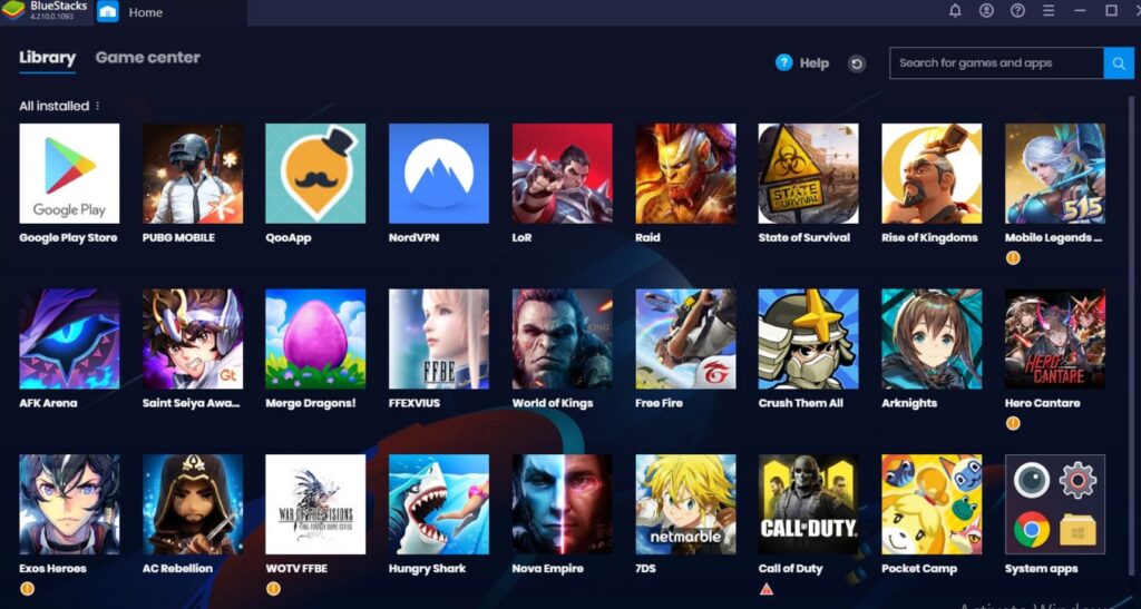 Home page of Bluestacks
